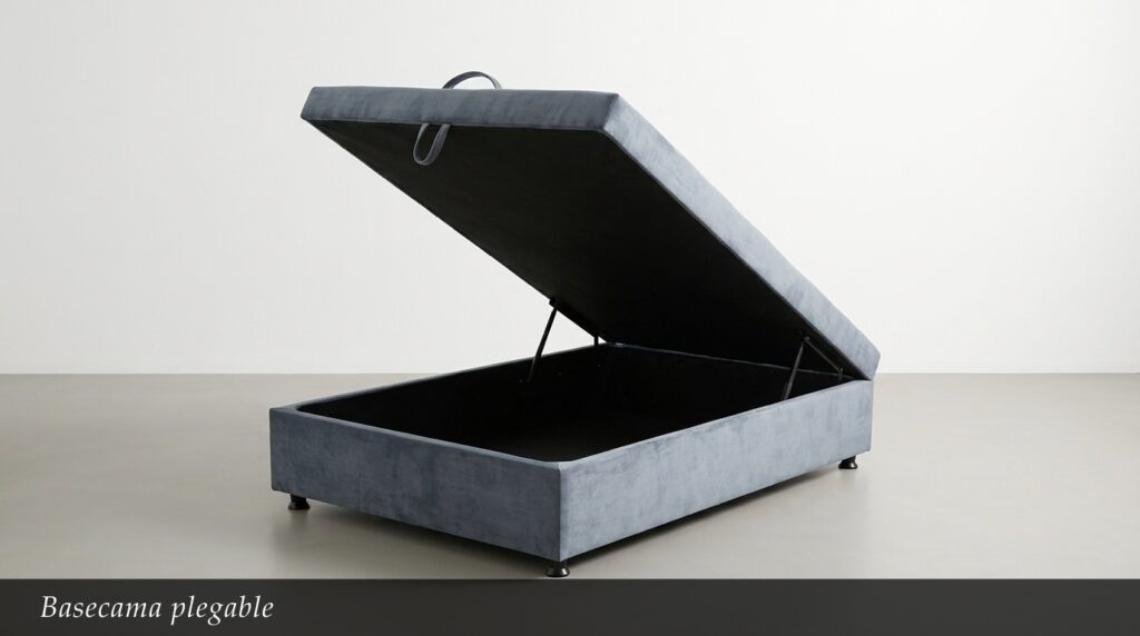La Basecama Plegable es una solución práctica e inteligente para optimizar el espacio. Con un tapizado gris elegante y un sistema de apertura hidráulico suave, permite acceder a un amplio compartimento de almacenamiento bajo el colchón.