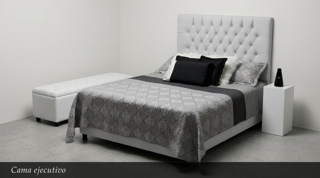 La Cama Ejecutivo transmite lujo y confort superior. Su imponente cabecera capitoné en blanco con botones decorativos domina el espacio, acompañada de un elegante juego de ropa de cama en tonos grises y negros. Incluye un práctico banquito y mesa de noche que completan el conjunto ejecutivo.
