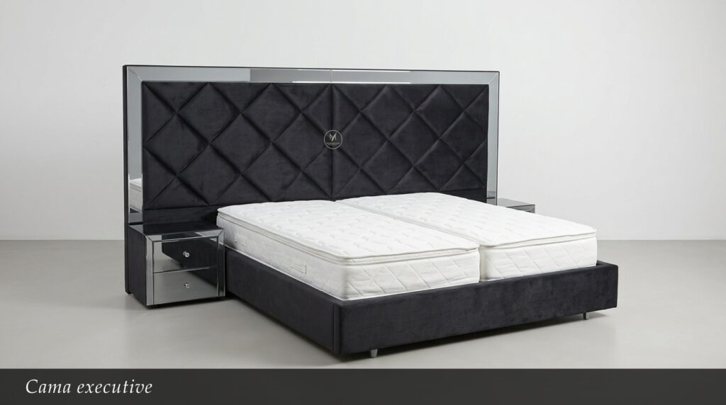 La Cama Executive combina lujo y modernidad con un toque audaz. Su espectacular cabecera en negro con diseño romboidal capitoné y marco de espejo brinda presencia y sofisticación. La base tapizada en negro y las mesitas de noche a juego completan un conjunto de alto impacto.