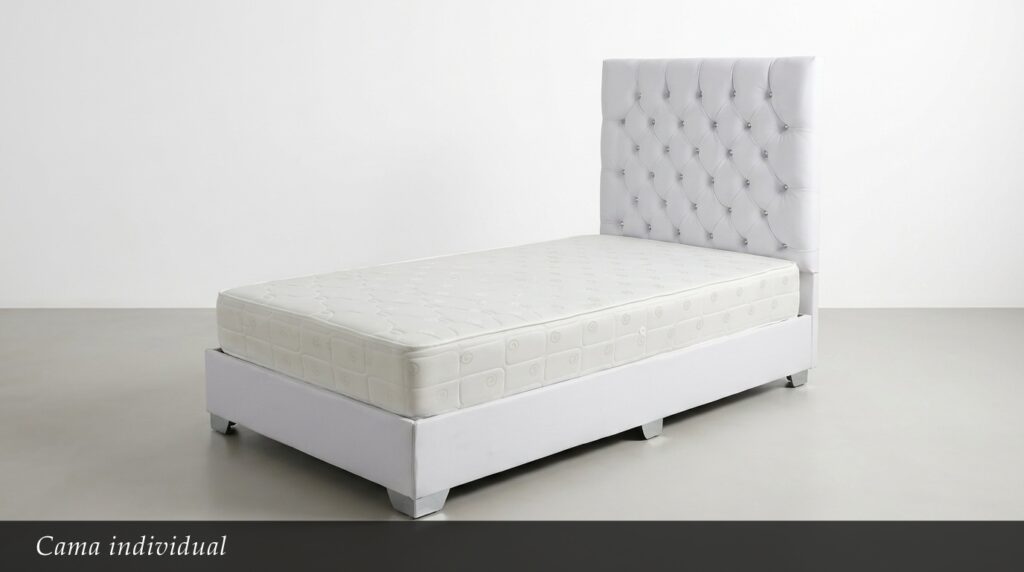 La Cama Individual presenta un diseño clásico y elegante en blanco. Su cabecera capitoné con botones decorativos aporta un toque romántico y sofisticado, mientras que la base tapizada completa un conjunto limpio y luminoso.