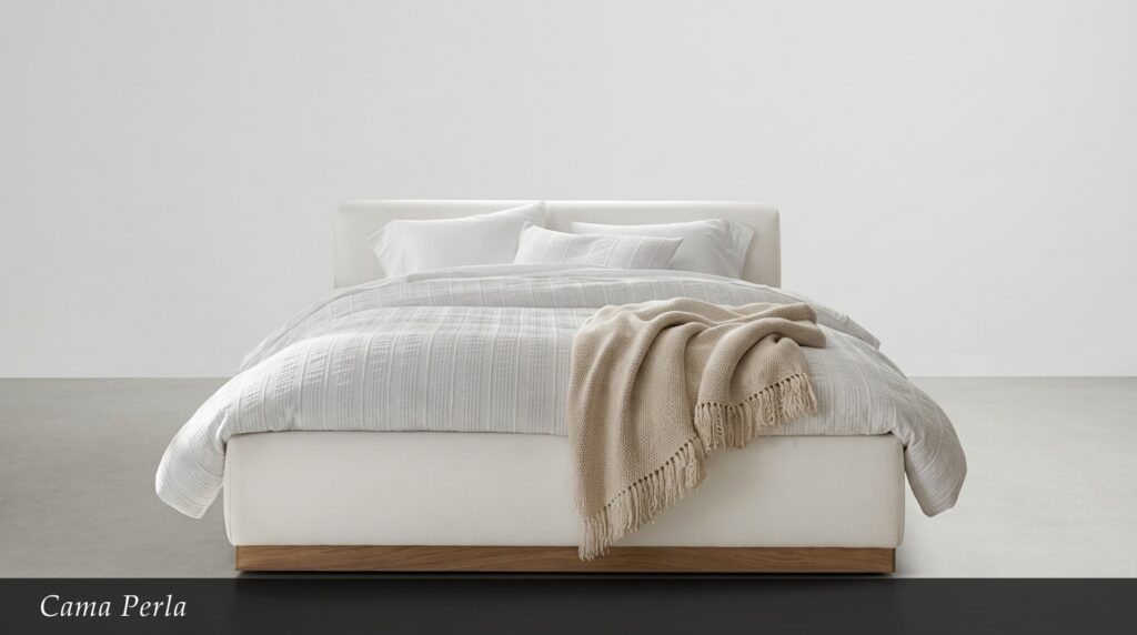 Cama Perla La Cama Perla presenta un diseño minimalista y elegante en tonos blancos y madera natural.