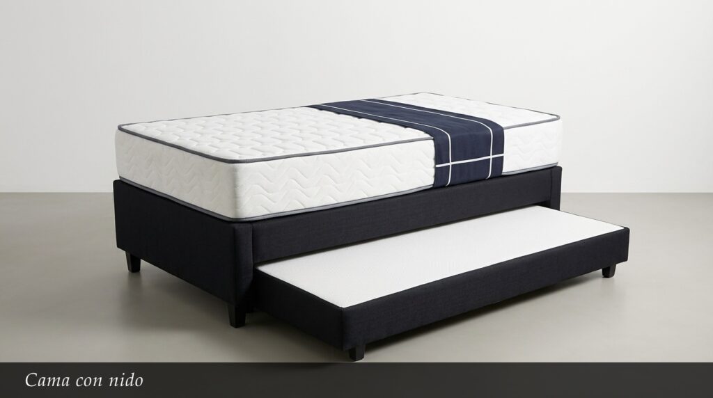 La Cama con Nido es una solución versátil y funcional. Su base en tono oscuro incluye un práctico segundo colchón retráctil, ideal para habitaciones de niños, adolescentes o para recibir visitas ocasionales.