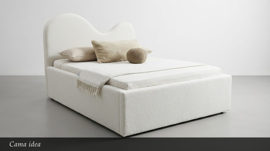 La Cama Idea presenta un diseño orgánico y contemporáneo con una cabecera ondulada única en blanco texturizado. Su forma suave y moderna aporta personalidad y frescura al dormitorio. El conjunto minimalista con textiles neutros crea un ambiente sereno y acogedor.