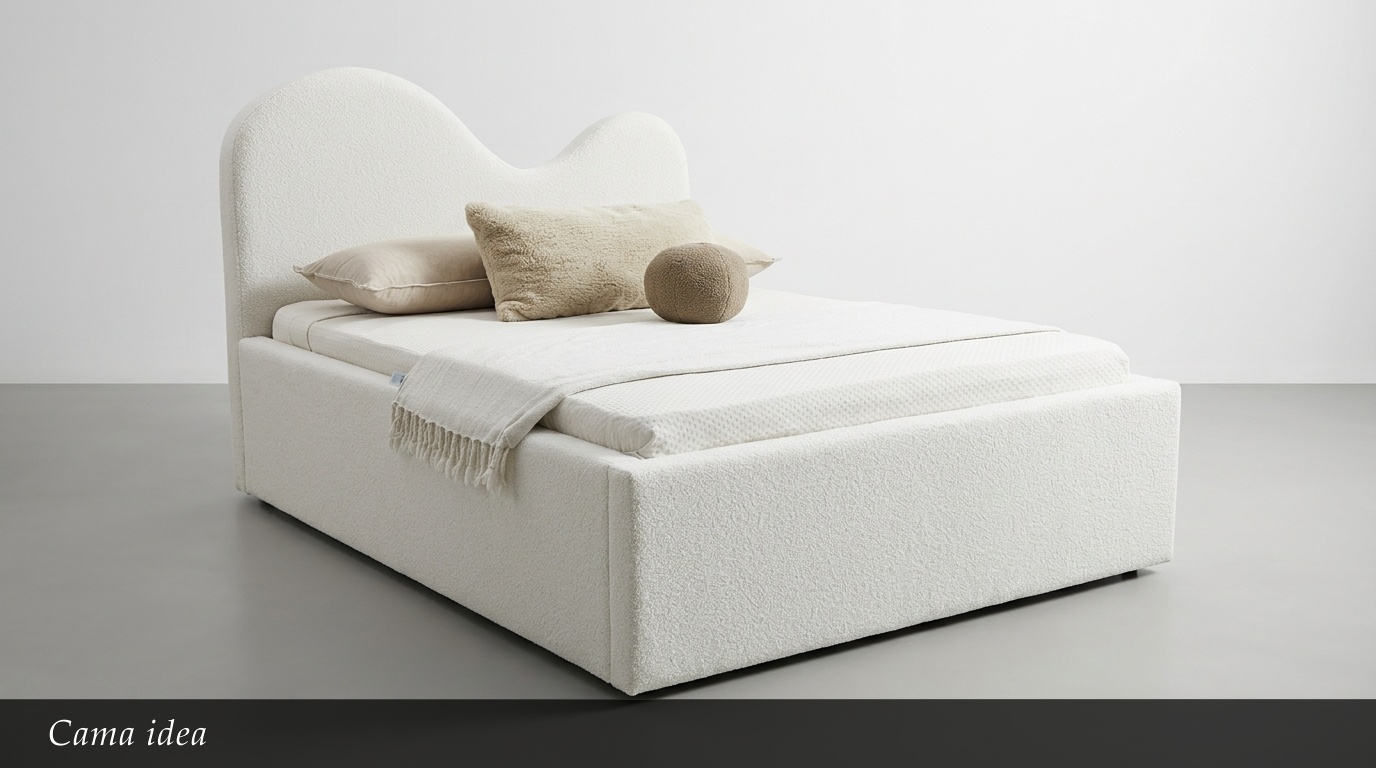 La Cama Idea presenta un diseño orgánico y contemporáneo con una cabecera ondulada única en blanco texturizado. Su forma suave y moderna aporta personalidad y frescura al dormitorio. El conjunto minimalista con textiles neutros crea un ambiente sereno y acogedor.