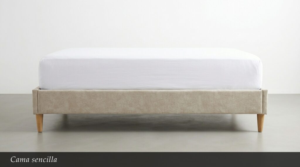 La Cama Sencilla es la expresión de la funcionalidad y la elegancia minimalista. Su base tapizada en tono beige con patas de madera clara ofrece un diseño limpio y atemporal. Sin cabecera alta, este modelo prioriza la ligereza visual y la versatilidad.
