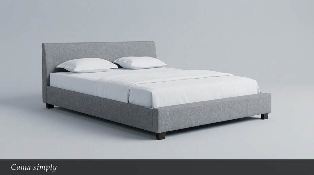 La Cama Simply destaca por su diseño esencial y moderno. La cabecera y base tapizadas en gris claro con líneas rectas crean un conjunto sobrio, elegante y muy versátil. Su bajo perfil visual la hace ideal para dormitorios contemporáneos.