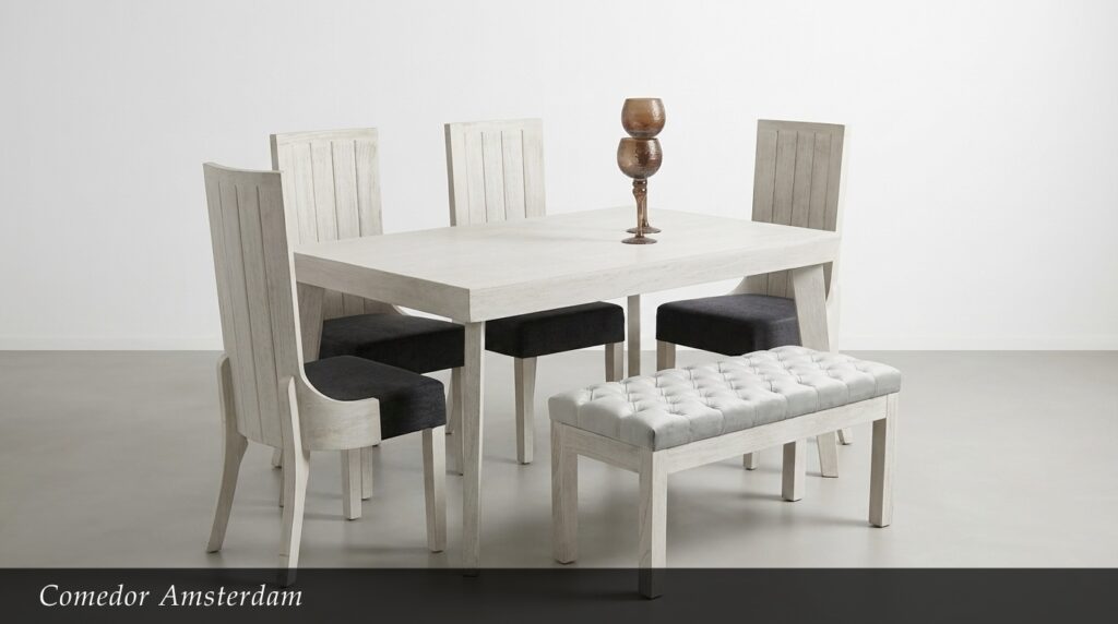 El Comedor Amsterdam presenta un estilo nórdico-rústico actual. La mesa y sillas en madera blanca envejecida aportan calidez y textura, mientras que los asientos en tono gris oscuro añaden contraste y elegancia. El banco tapizado con capitoné en color claro completa el conjunto con un toque de confort y versatilidad.