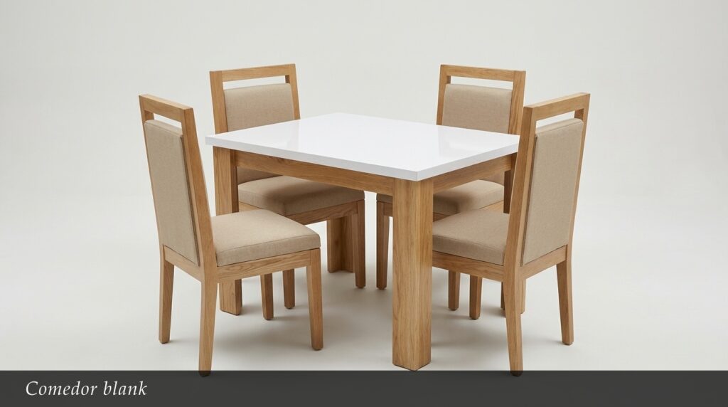 El Comedor Blank destaca por su diseño limpio y equilibrado. La mesa cuadrada con superficie blanca de alto brillo y robusta estructura de madera natural se combina armónicamente con cuatro sillas tapizadas en beige. Este conjunto ofrece un estilo moderno y fresco, perfecto para espacios contemporáneos donde se valora la simplicidad y la funcionalidad.