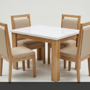 El Comedor Blank destaca por su diseño limpio y equilibrado. La mesa cuadrada con superficie blanca de alto brillo y robusta estructura de madera natural se combina armónicamente con cuatro sillas tapizadas en beige. Este conjunto ofrece un estilo moderno y fresco, perfecto para espacios contemporáneos donde se valora la simplicidad y la funcionalidad.