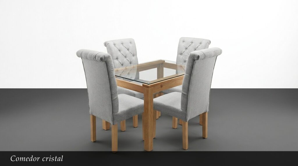 El Comedor Cristal combina la ligereza visual del cristal con la calidez de la madera. Su mesa con tapa de vidrio templado y estructura de madera clara aporta amplitud y luminosidad al espacio, mientras que las cuatro sillas tapizadas en gris claro con respaldo capitoné añaden confort y elegancia. El conjunto resulta refinado y contemporáneo.