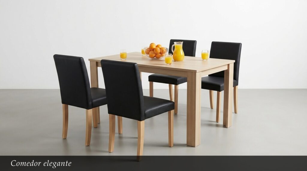 El Comedor Elegante destaca por su combinación clásica y sofisticada. La mesa de madera clara con líneas rectas y limpias se complementa perfectamente con cuatro sillas tapizadas en negro de acabado simil cuero. Este contraste entre la madera natural y el negro profundo crea un conjunto moderno, sobrio y de gran presencia visual.
