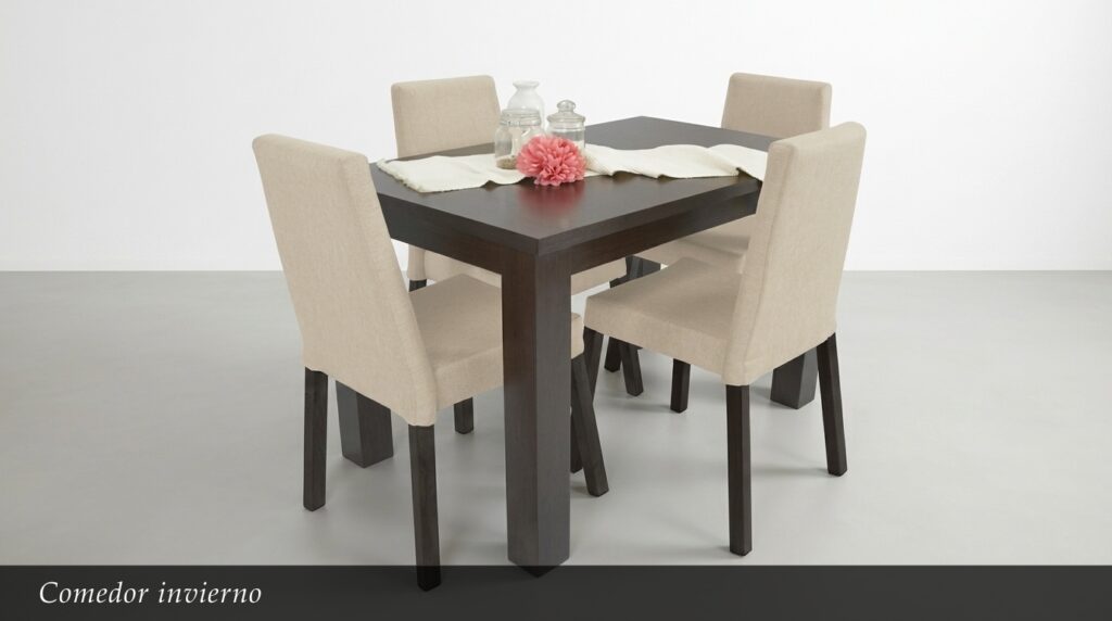 El Comedor Invierno evoca calidez y confort en un diseño contemporáneo. La mesa en tono oscuro madera wengue crea un fuerte contraste con las sillas tapizadas en beige claro, generando un ambiente acogedor y elegante. Este conjunto transmite serenidad y estilo, ideal para crear un espacio íntimo y familiar.
