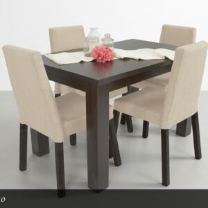 El Comedor Invierno evoca calidez y confort en un diseño contemporáneo. La mesa en tono oscuro madera wengue crea un fuerte contraste con las sillas tapizadas en beige claro, generando un ambiente acogedor y elegante. Este conjunto transmite serenidad y estilo, ideal para crear un espacio íntimo y familiar.