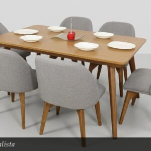 El Comedor Minimalista encarna la esencia de la simplicidad elegante. Su mesa de madera en tono natural con patas ligeramente inclinadas se combina con seis sillas tapizadas en gris claro de líneas orgánicas y muy cómodas. El conjunto completo transmite orden, amplitud y serenidad visual, perfecto para interiores contemporáneos.