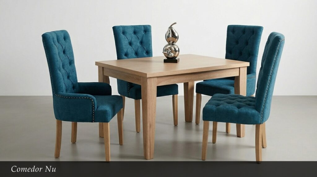 El Comedor Nu representa lujo y confort en su máxima expresión. Sus cuatro sillas tapizadas en un hermoso terciopelo azul turquesa con acabado capitoné y tachuelas decorativas aportan un toque de distinción y sofisticación. La mesa de madera clara de líneas rectas y sólidas completa un conjunto que irradia elegancia.
