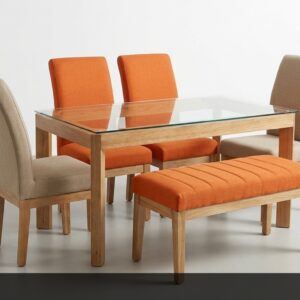 El Comedor Orange es una propuesta vibrante y llena de personalidad. Combina una moderna mesa con base de madera y tapa de cristal templado con sillas en dos tonos: beige y un llamativo naranja energizante. El banco tapizado en naranja añade un elemento original y funcional que rompe con los esquemas tradicionales.