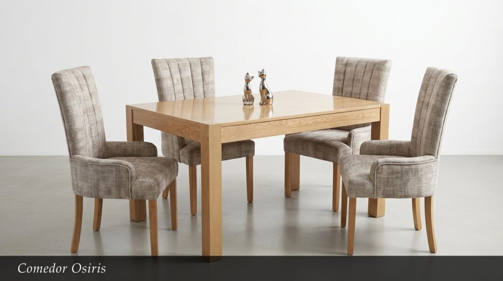 El Comedor Osiris transmite calidez y elegancia natural gracias a su robusta mesa fabricada en madera de roble macizo con un acabado que resalta la belleza de su veta. Las sillas, tapizadas en un sofisticado tejido beige con sutiles rayas, aportan textura y confort, mientras que dos de ellas incluyen brazos para mayor comodidad. Este conjunto destaca por su presencia imponente pero acogedora.