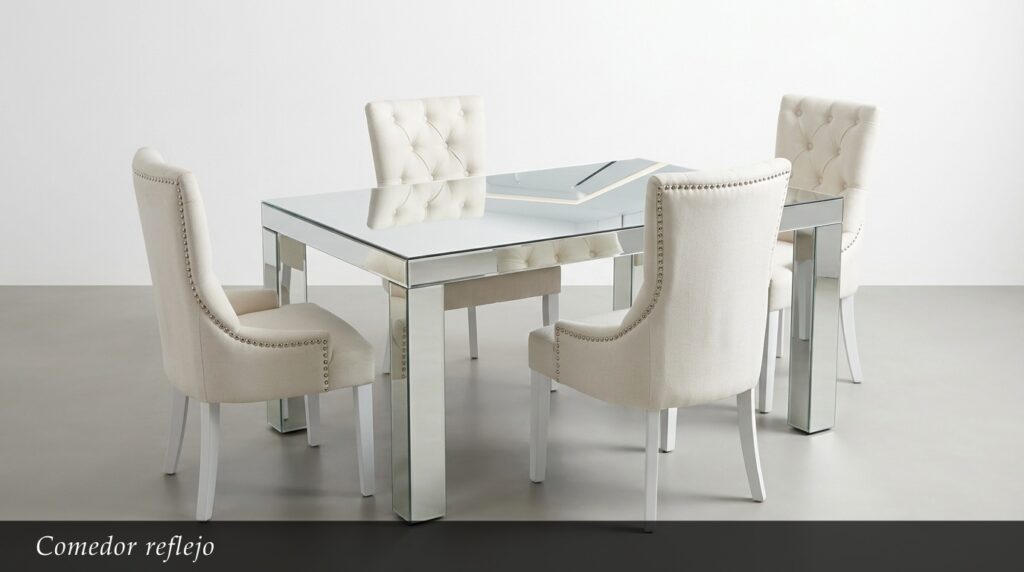 El Comedor Reflejo es sinónimo de glamour y modernidad. Su espectacular mesa con base y estructura en espejos combinada con una tapa de cristal crea impresionantes juegos de luz y reflejos en el espacio. Las sillas tapizadas en blanco crema con capitoné y detalles de tachuelas metálicas aportan un toque de lujo y sofisticación.