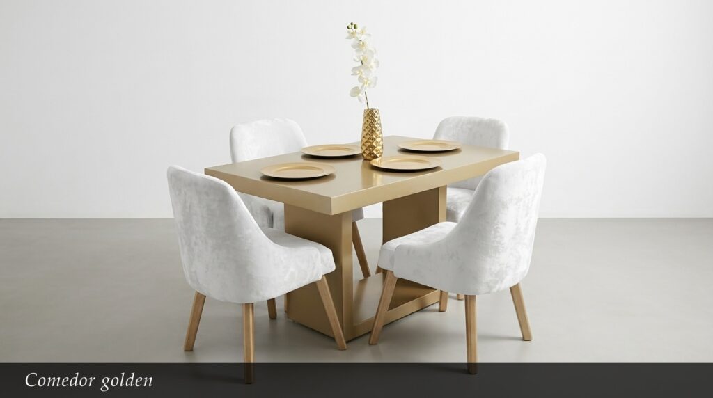 El Comedor Golden irradia lujo y modernidad con su mesa en acabado dorado champagne y cuatro sillas tapizadas en blanco texturizado. Este conjunto destaca por su elegancia contemporánea y su capacidad para iluminar cualquier espacio con un toque glamoroso y sofisticado.