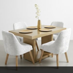 El Comedor Golden irradia lujo y modernidad con su mesa en acabado dorado champagne y cuatro sillas tapizadas en blanco texturizado. Este conjunto destaca por su elegancia contemporánea y su capacidad para iluminar cualquier espacio con un toque glamoroso y sofisticado.