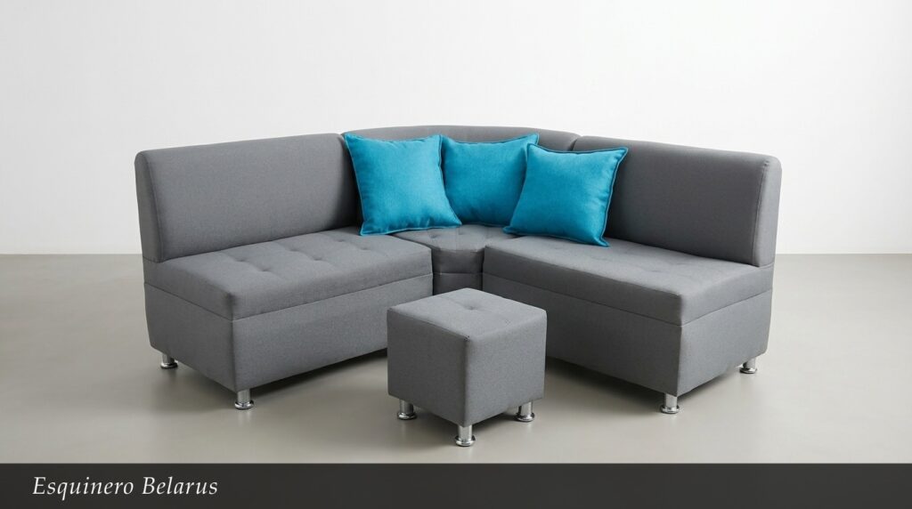 El Esquinero Belarus presenta un diseño moderno y funcional en un elegante gris neutro. Su estructura en forma de L con chaise longue ofrece gran capacidad y versatilidad, ideal para maximizar el espacio en salas de estar. Los cojines en vibrante azul turquesa aportan un hermoso contraste de color y frescura al conjunto.