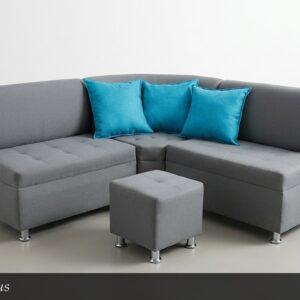 El Esquinero Belarus presenta un diseño moderno y funcional en un elegante gris neutro. Su estructura en forma de L con chaise longue ofrece gran capacidad y versatilidad, ideal para maximizar el espacio en salas de estar. Los cojines en vibrante azul turquesa aportan un hermoso contraste de color y frescura al conjunto.
