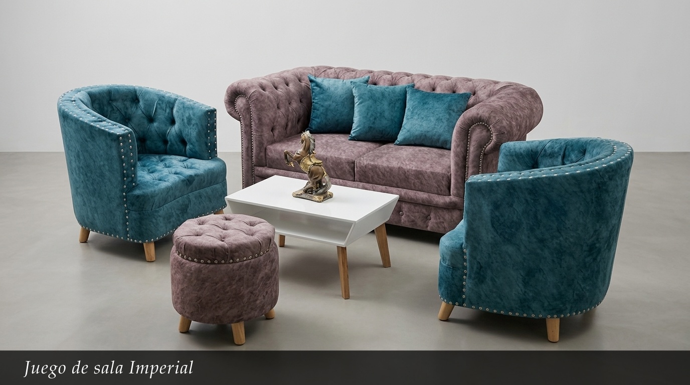El Juego de Sala Imperial es la definición de lujo y distinción. Este conjunto combina un hermoso sofá de tres plazas en tono malva con capitoné clásico, dos sillones individuales en vibrante azul turquesa y un práctico ottoman. Los detalles de tachuelas metálicas y el diseño Chesterfield le otorgan un carácter elegante y sofisticado.
