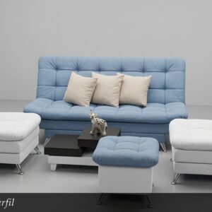 El Juego de Sala Marfil combina elegancia y confort en tonos claros y luminosos. Este conjunto incluye un sofá azul celeste, dos sillones individuales blancos y un ottoman a juego, todo con un diseño capitoné moderno y patas metálicas. La mesa de centro en dos niveles completa un conjunto armónico y sofisticado.