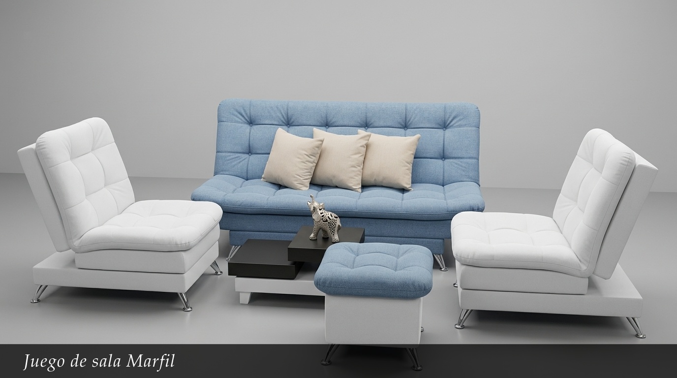 El Juego de Sala Marfil combina elegancia y confort en tonos claros y luminosos. Este conjunto incluye un sofá azul celeste, dos sillones individuales blancos y un ottoman a juego, todo con un diseño capitoné moderno y patas metálicas. La mesa de centro en dos niveles completa un conjunto armónico y sofisticado.