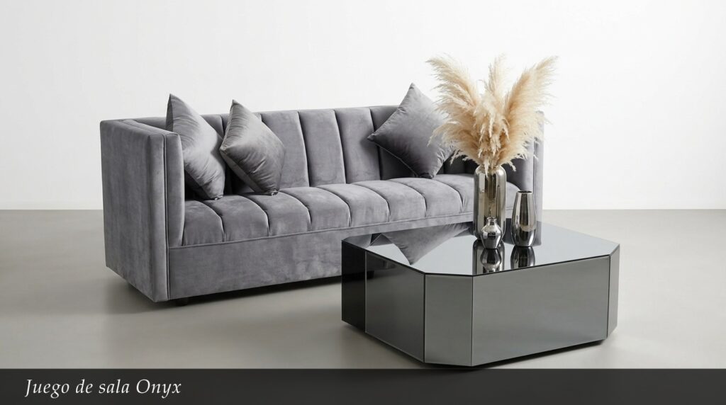 El Juego de Sala Onyx destaca por su sofisticación y elegancia contemporánea. El amplio sofá en gris plata con tapizado de terciopelo suave presenta un diseño de paneles verticales que aportan textura y profundidad. Acompañado de una impactante mesa de centro hexagonal con acabado espejo, crea un conjunto lleno de estilo y presencia.