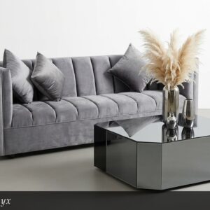 El Juego de Sala Onyx destaca por su sofisticación y elegancia contemporánea. El amplio sofá en gris plata con tapizado de terciopelo suave presenta un diseño de paneles verticales que aportan textura y profundidad. Acompañado de una impactante mesa de centro hexagonal con acabado espejo, crea un conjunto lleno de estilo y presencia.