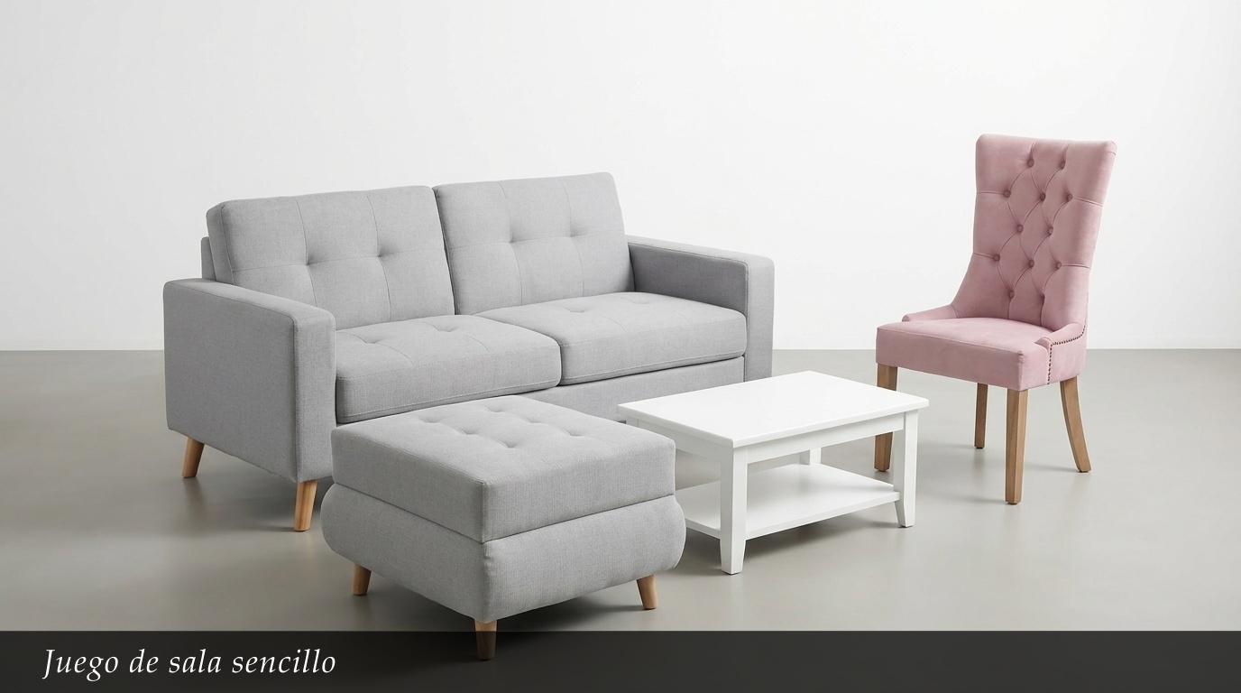 El Juego de Sala Sencillo es la definición de practicidad y confort minimalista. Compuesto por un sofá de dos plazas en gris claro, un práctico ottoman y una mesa de centro blanca, ofrece todo lo necesario para una sala funcional y acogedora. El sillón individual en rosa empolvado añade un delicado toque de color y personalidad.