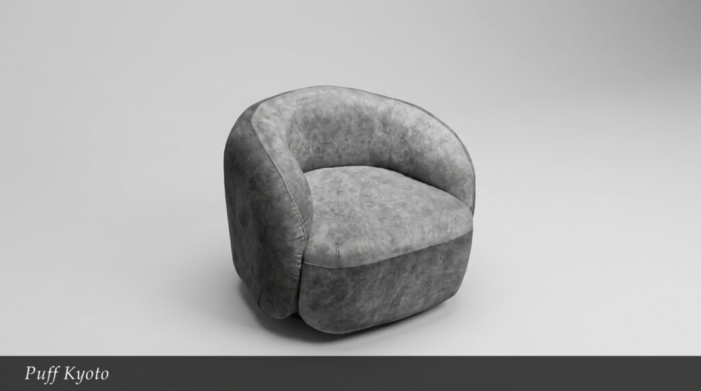 El Puff Kyoto refleja un estilo moderno y artístico inspirado en formas suaves y envolventes. Su diseño curvo y compacto crea una sensación de comodidad y exclusividad, convirtiéndolo en una pieza decorativa ideal para espacios contemporáneos.